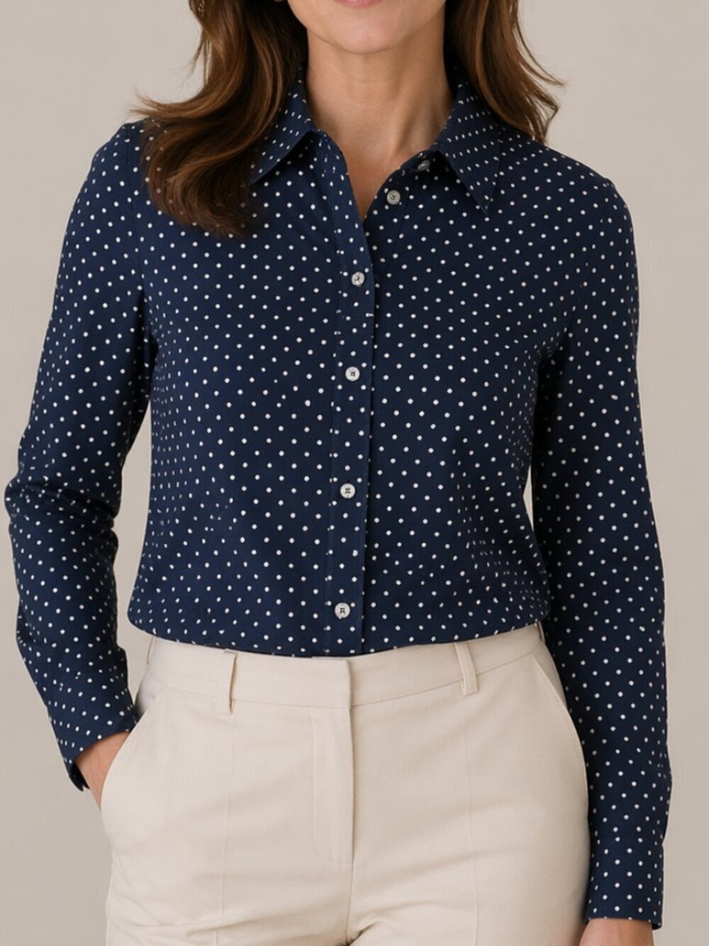 Talbots Womens Navy and White Polka Dot Wrinkle Resistant Button Down Size 10